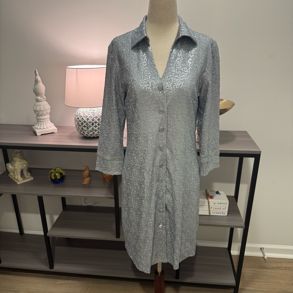 Doncaster Silver Sequin Button-Front Shirt Dress … - image 1